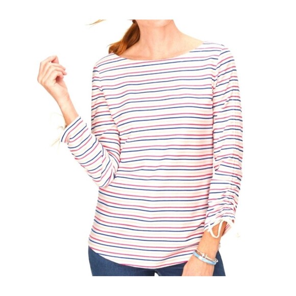 Talbots Tie Sleeve Tee Shirt Womens 2X Ivory Stripe 3/4 Sleeve Boat Neck Stretch - Picture 1 of 9